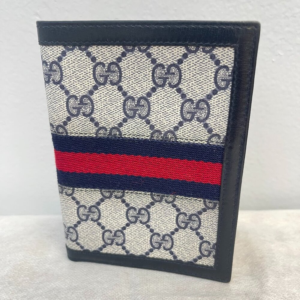 Gucci Beige Monogram Canvas Card Holder with Navy and Red Web Stripe